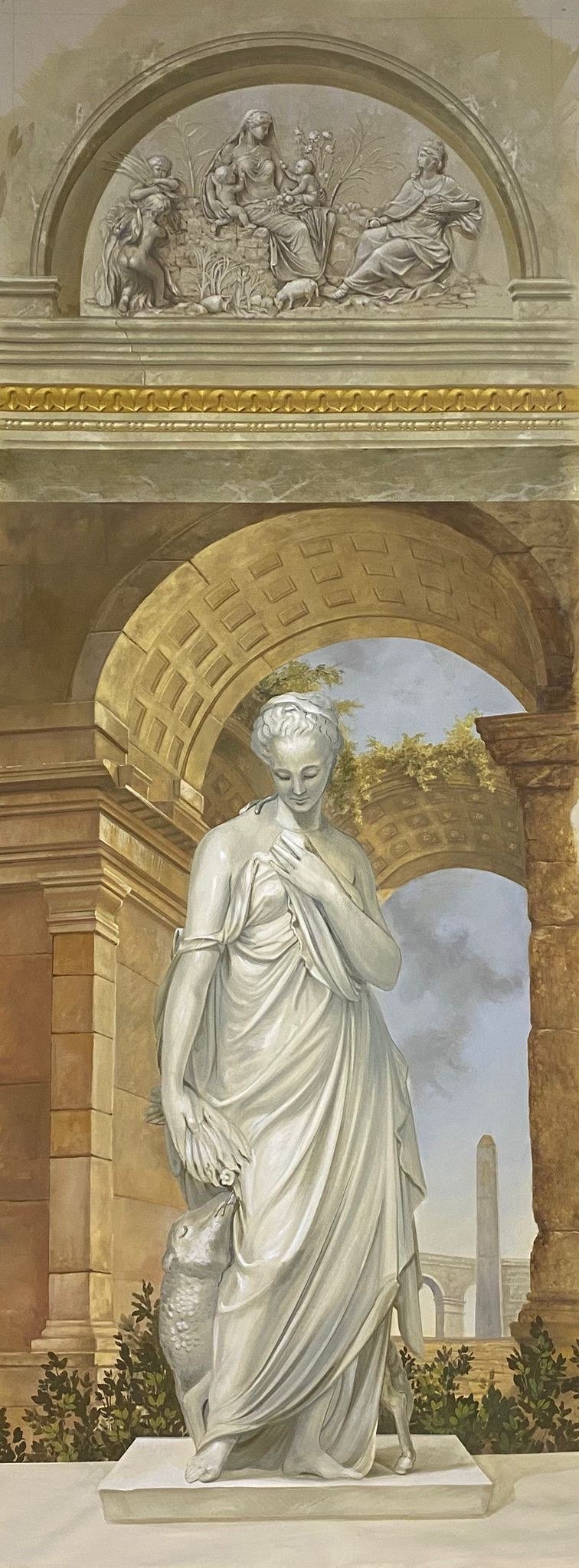 Trompe l'oeil arched entry mural of a classical statue beneath a grisaille lunette by Kim Delaney, Delaney Fine Finishes