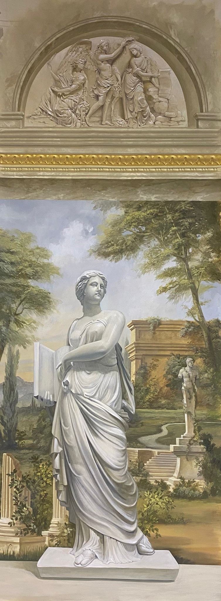Trompe l'oeil entry mural of a classical statue in a landscape with grisaille lunette by Kim Delaney, Delaney Fine Finishes
