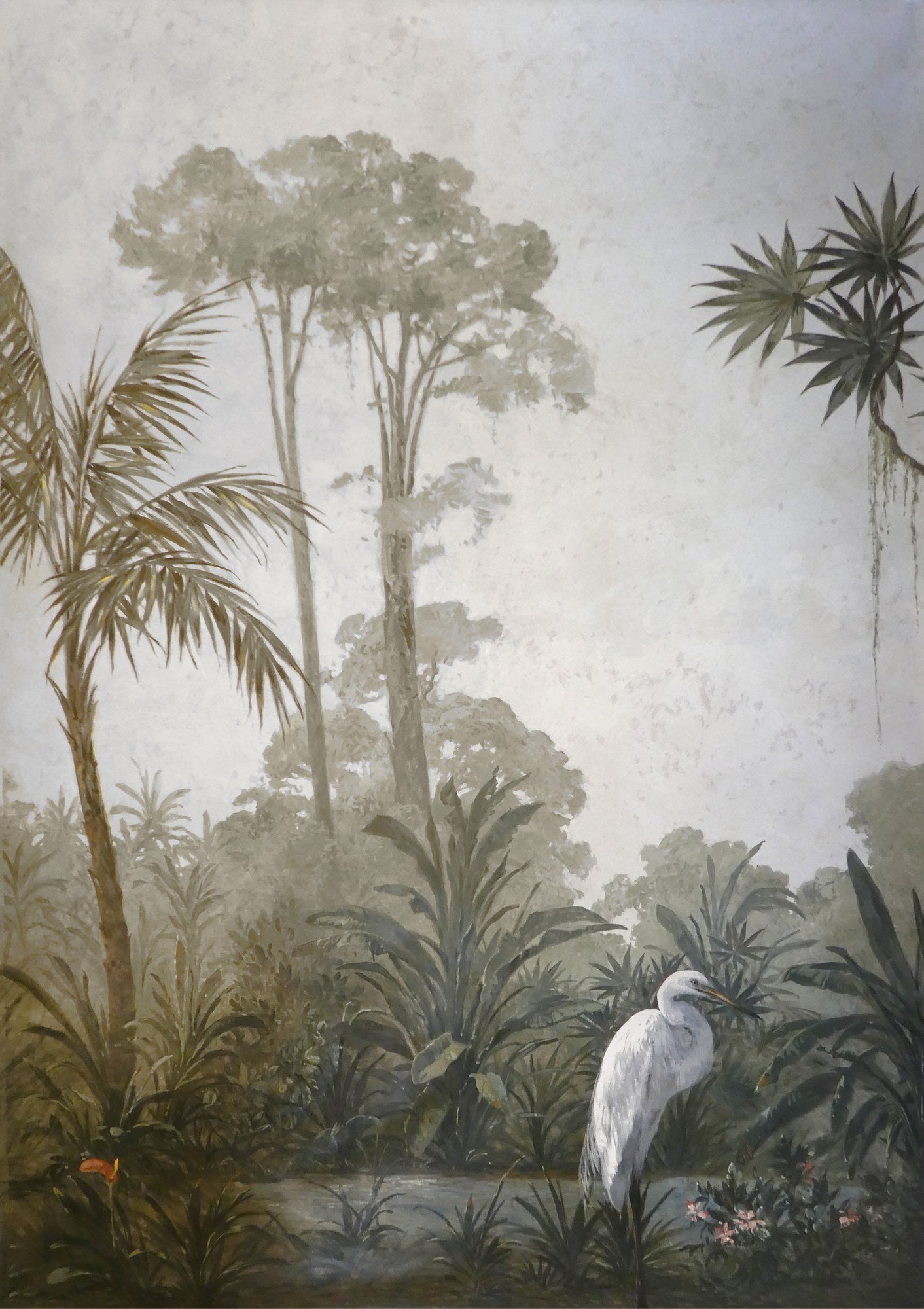 Hand-painted jungle mural panel with white egret and palms by Kim Delaney, Delaney Fine Finishes