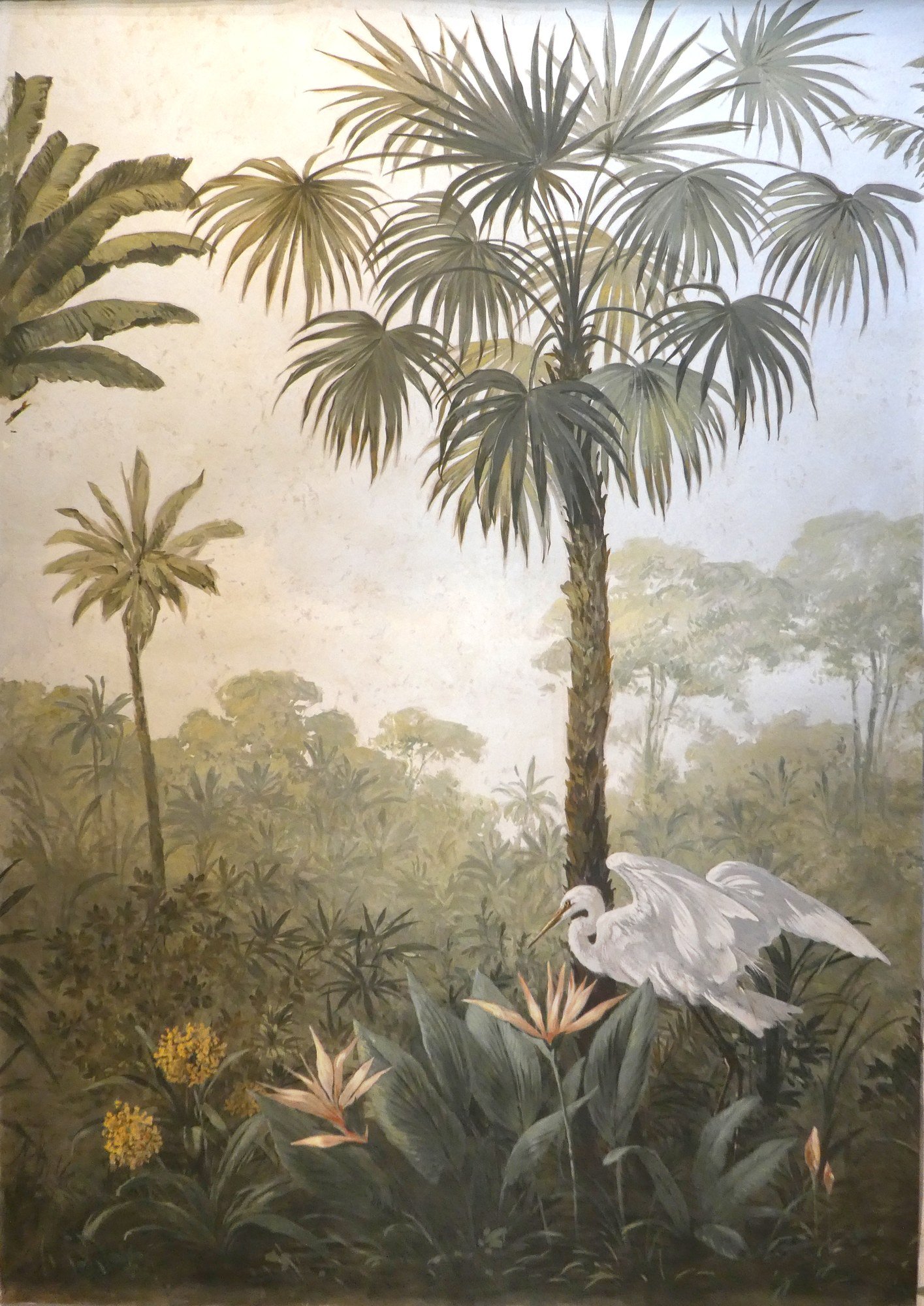 Hand-painted jungle mural panel with palms and birds of paradise by Kim Delaney, Delaney Fine Finishes
