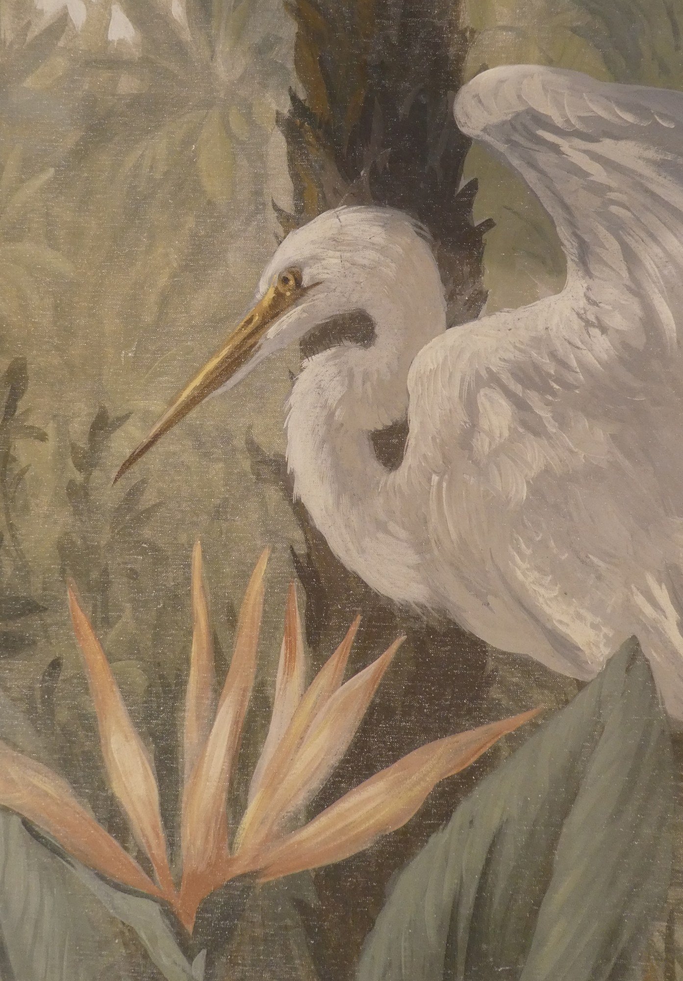 White egret detail from a hand-painted jungle mural by Kim Delaney, Delaney Fine Finishes