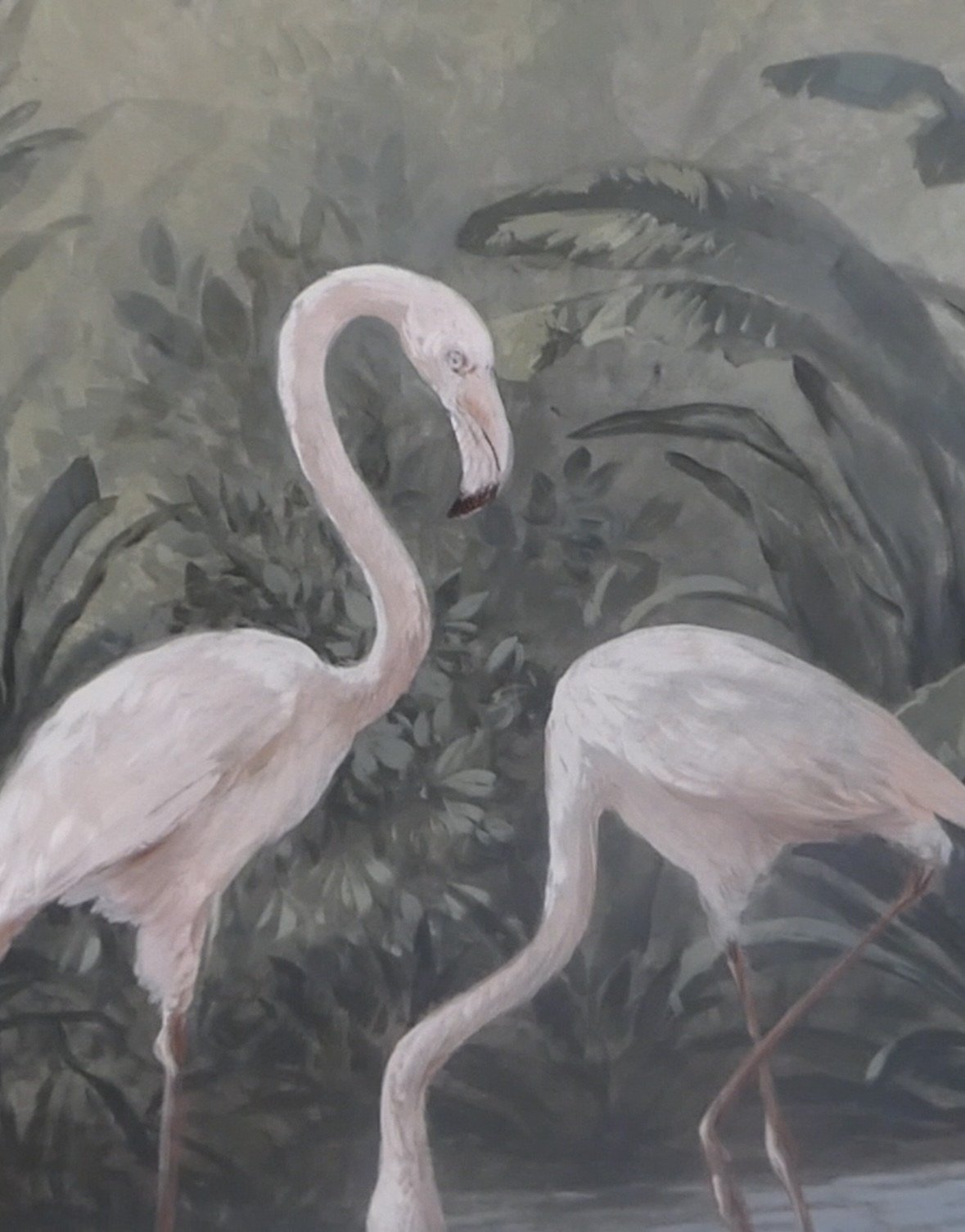Flamingo detail from a hand-painted jungle mural by Kim Delaney, Delaney Fine Finishes