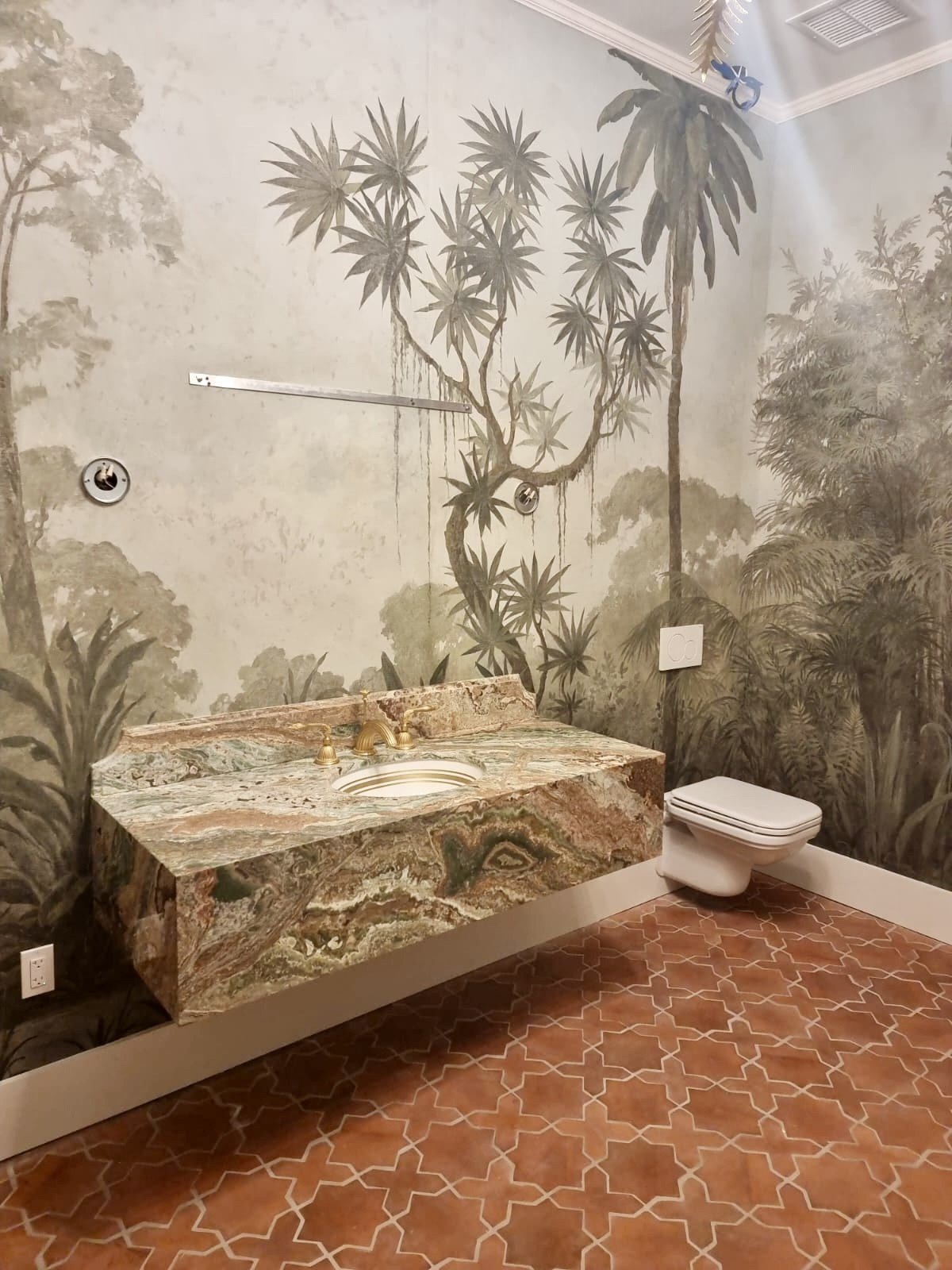 Hand-painted jungle mural powder room, vanity wall, by Kim Delaney, Delaney Fine Finishes