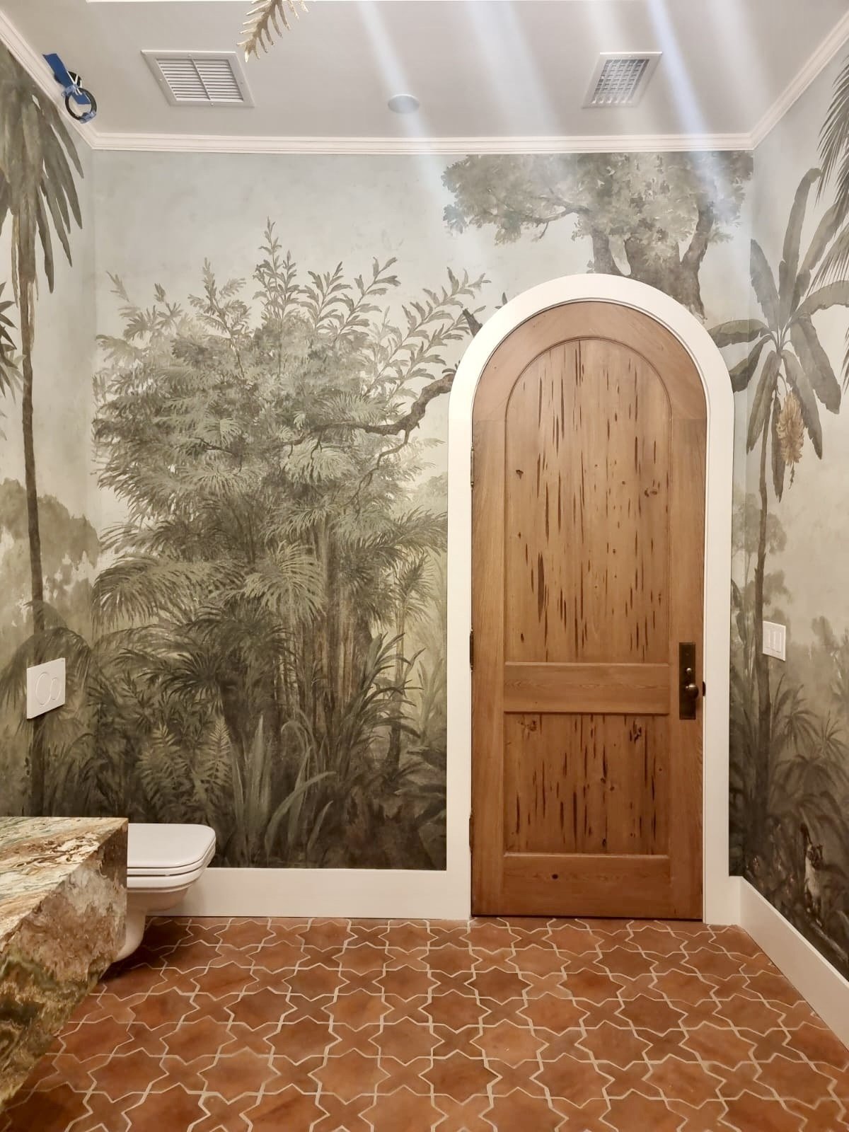 Hand-painted jungle mural with ferns beside an arched door by Kim Delaney, Delaney Fine Finishes