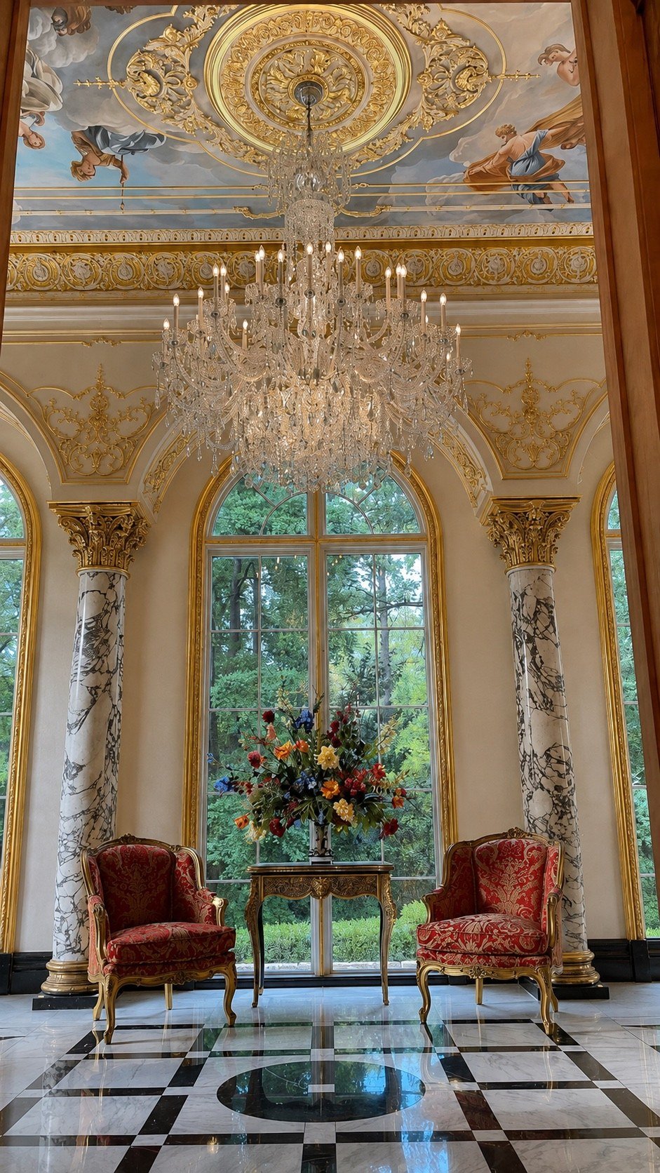 Grand salon with hand-painted ceiling panels, gilded ornament and marbled columns by Kim Delaney, Delaney Fine Finishes