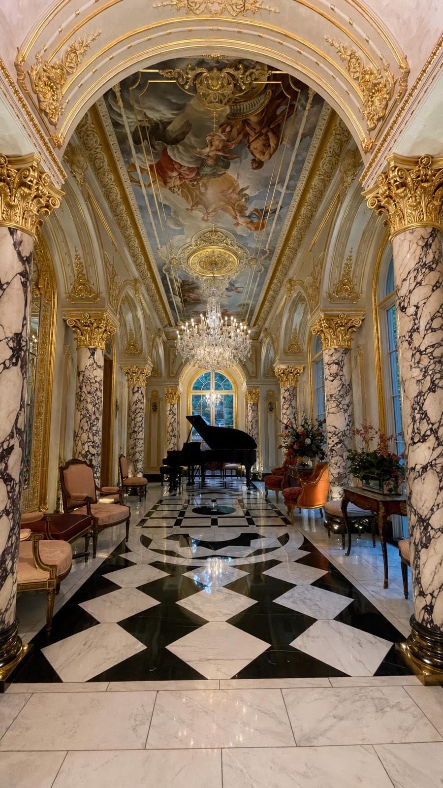 Grand gallery with hand-painted ceiling fresco, gilded arches, marble columns and grand piano by Kim Delaney, Delaney Fine Finishes