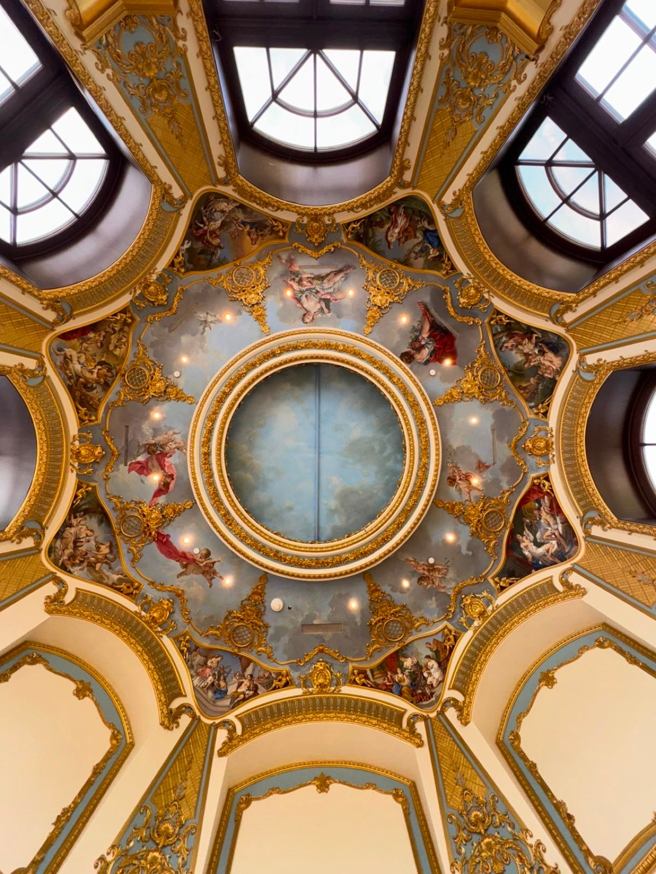 Gilded dome with hand-painted sky mural by Kim Delaney, Delaney Fine Finishes
