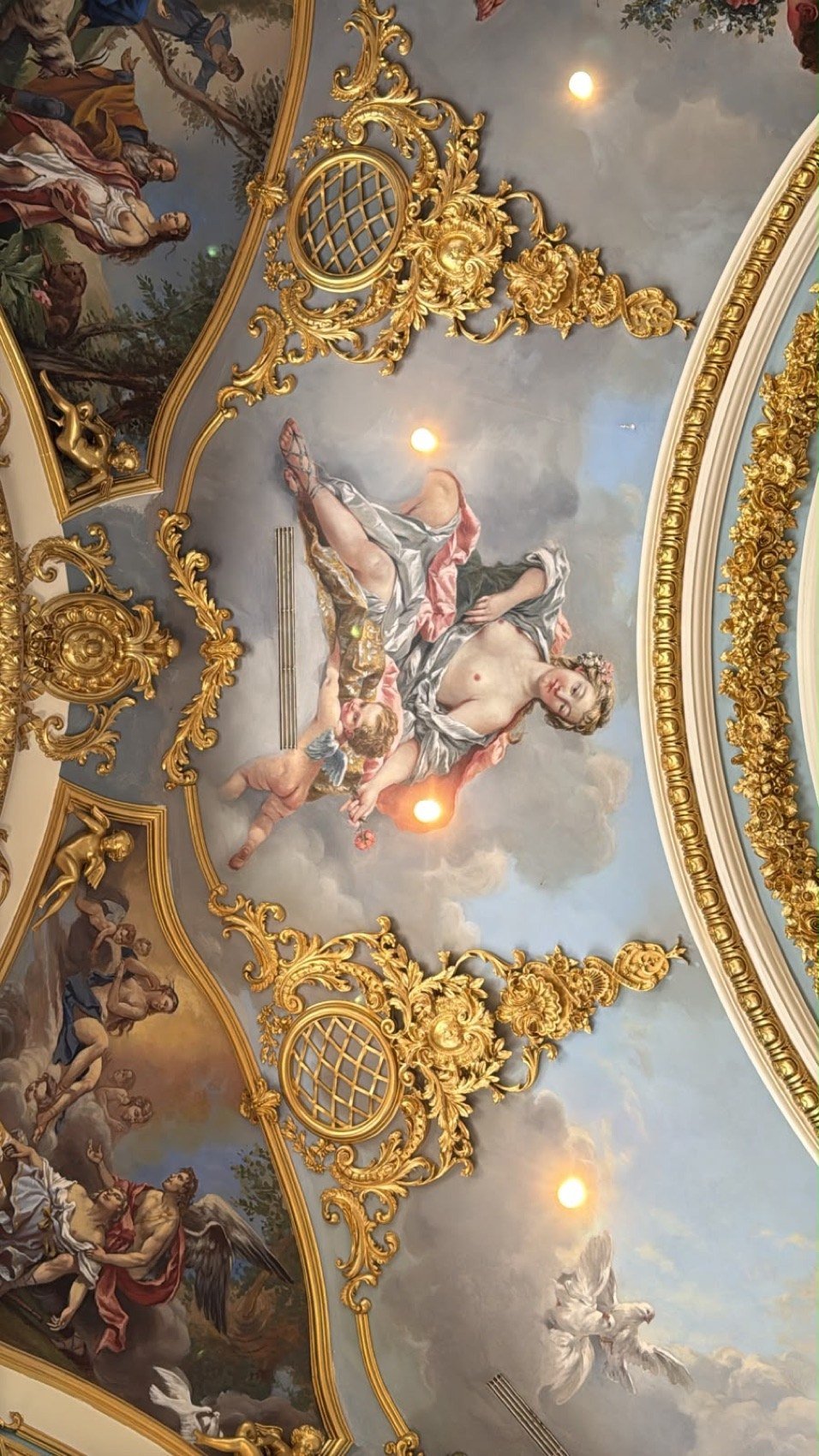 Domed ceiling fresco with classical figures and gilded rococo ornament by Kim Delaney, Delaney Fine Finishes
