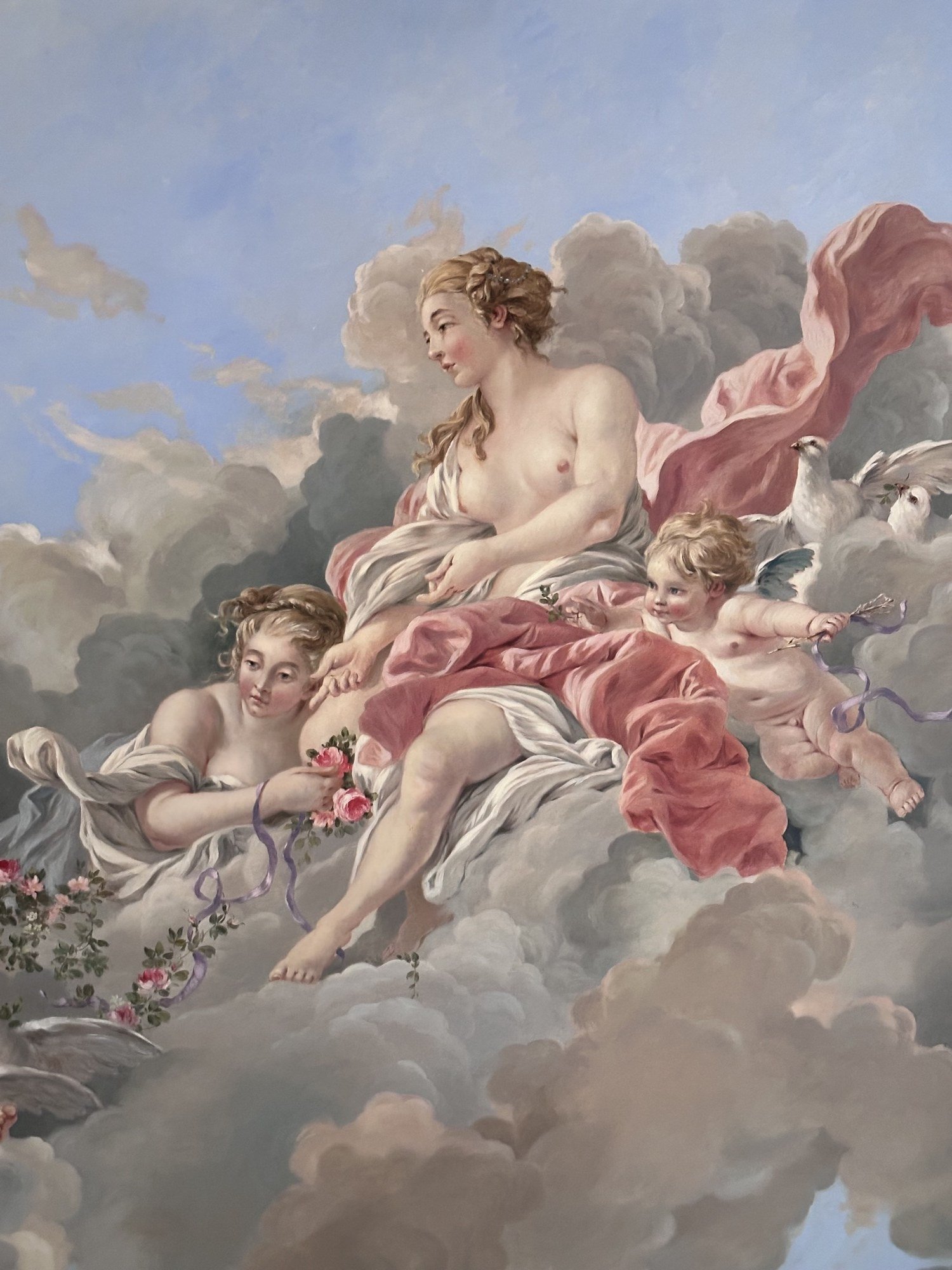 Ceiling fresco detail of a classical goddess with cherub and doves by Kim Delaney, Delaney Fine Finishes