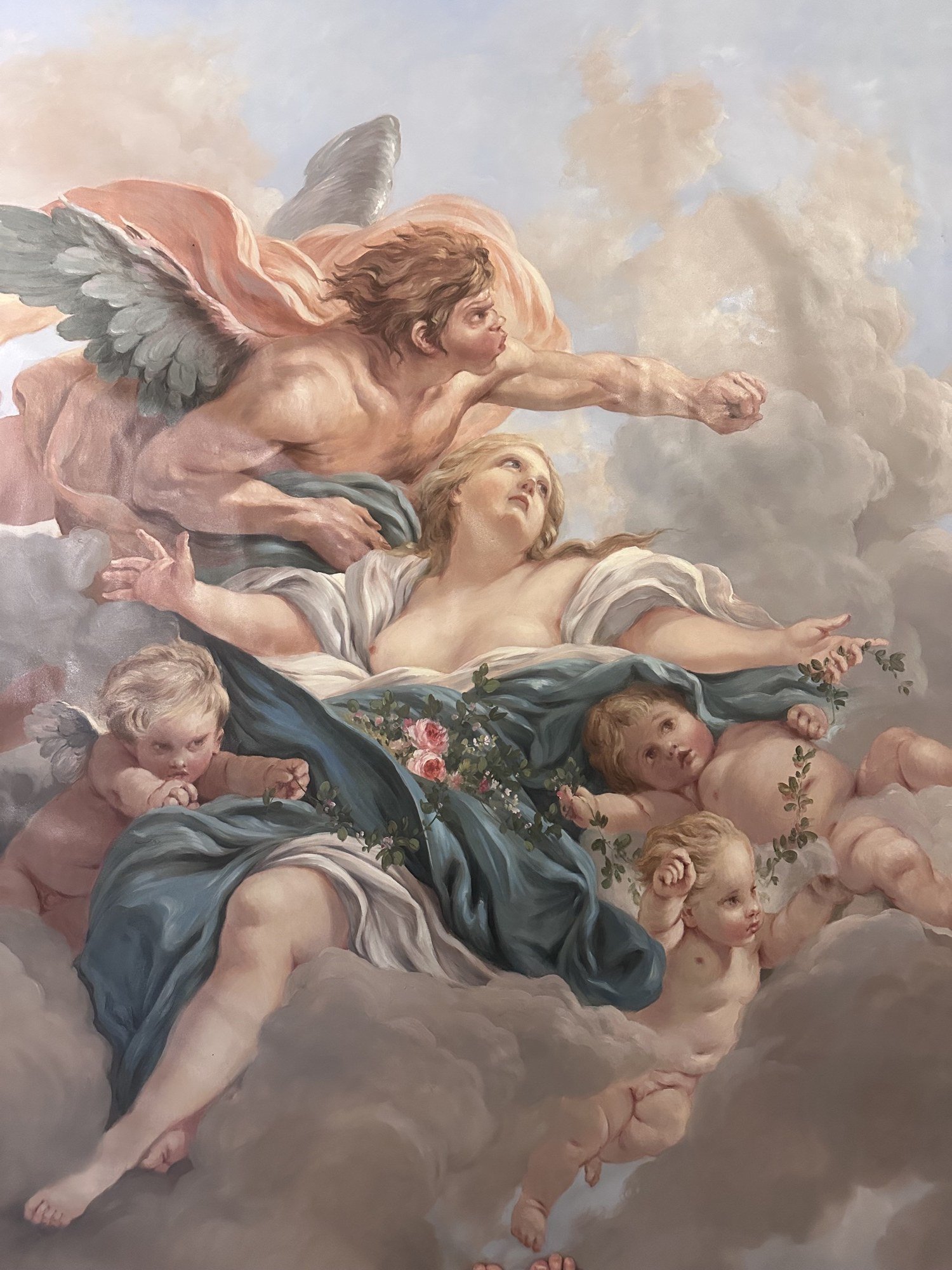 Ceiling fresco detail of classical figures among clouds by Kim Delaney, Delaney Fine Finishes