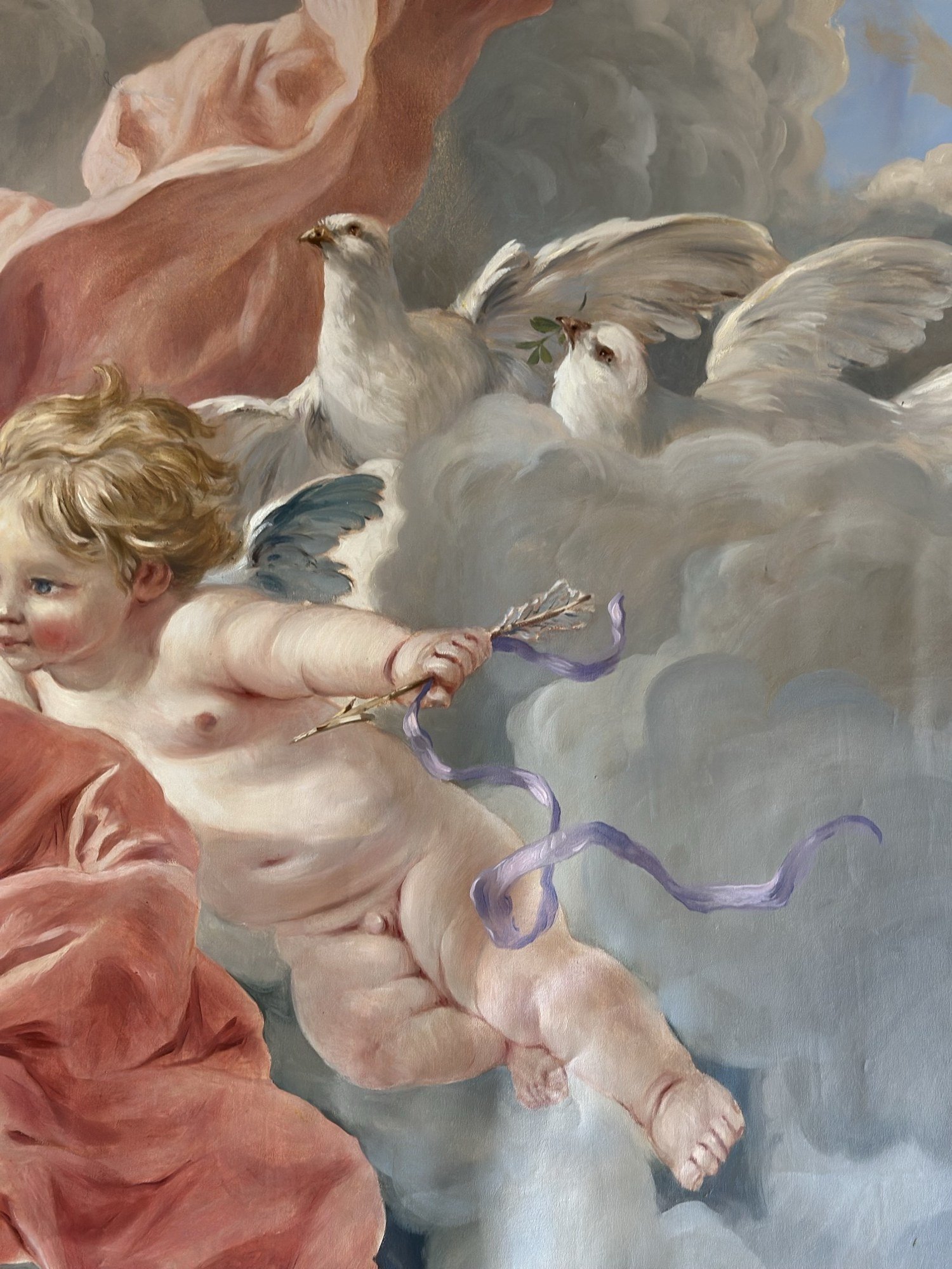 Ceiling fresco detail of a cherub with doves and ribbon by Kim Delaney, Delaney Fine Finishes