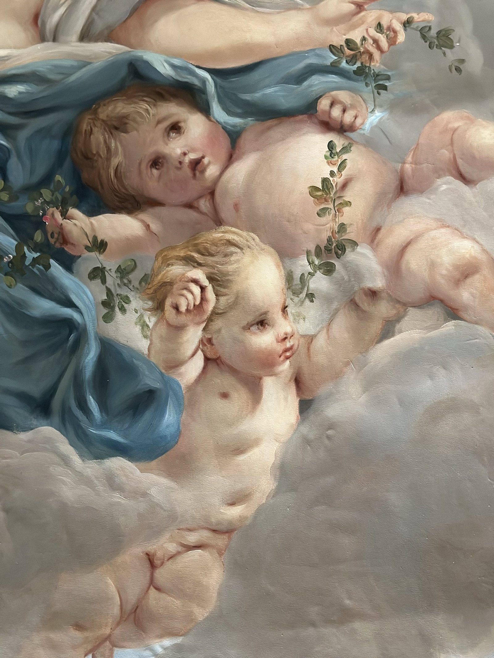 Ceiling fresco detail of cherubs with flower garlands by Kim Delaney, Delaney Fine Finishes