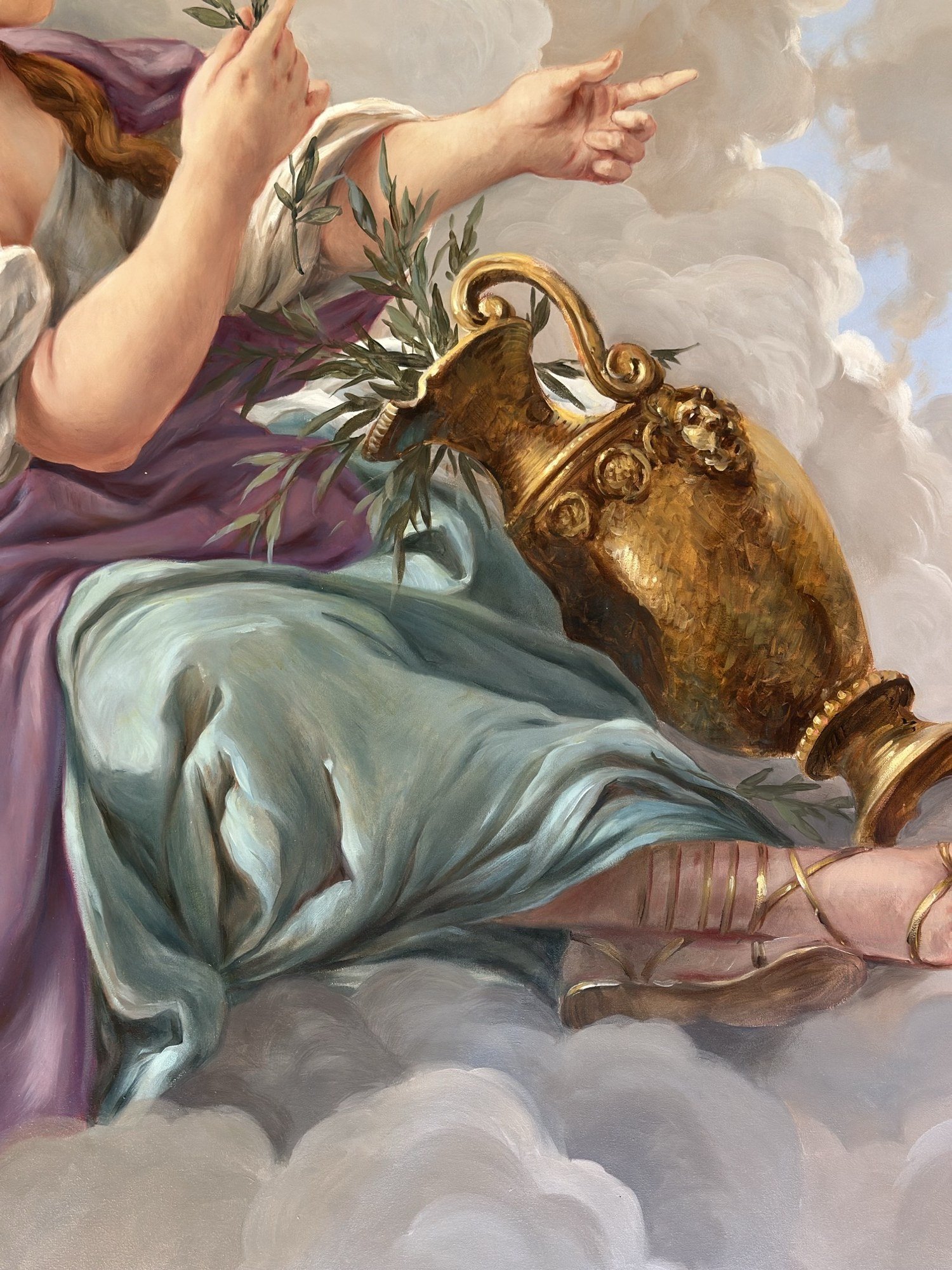 Ceiling fresco detail of a classical figure with gilded urn by Kim Delaney, Delaney Fine Finishes