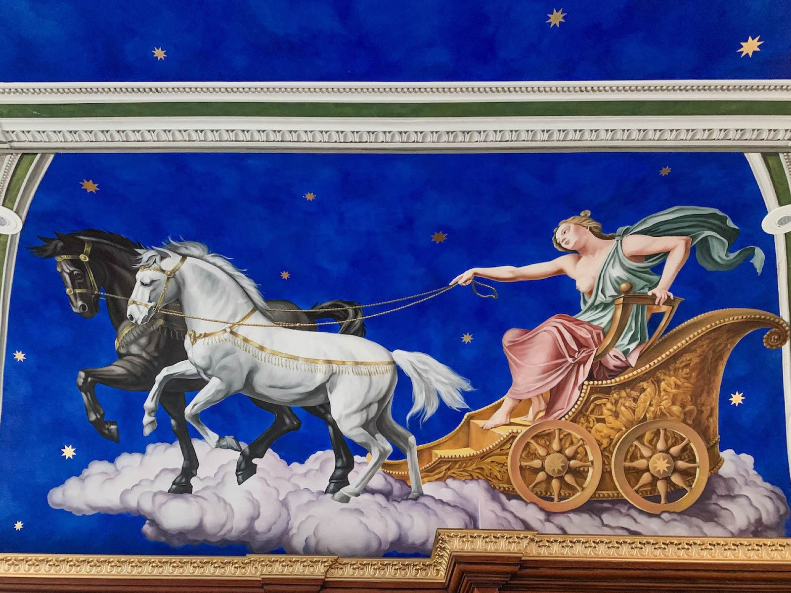 Classical hand-painted ceiling mural of a goddess on a golden chariot by Kim Delaney
