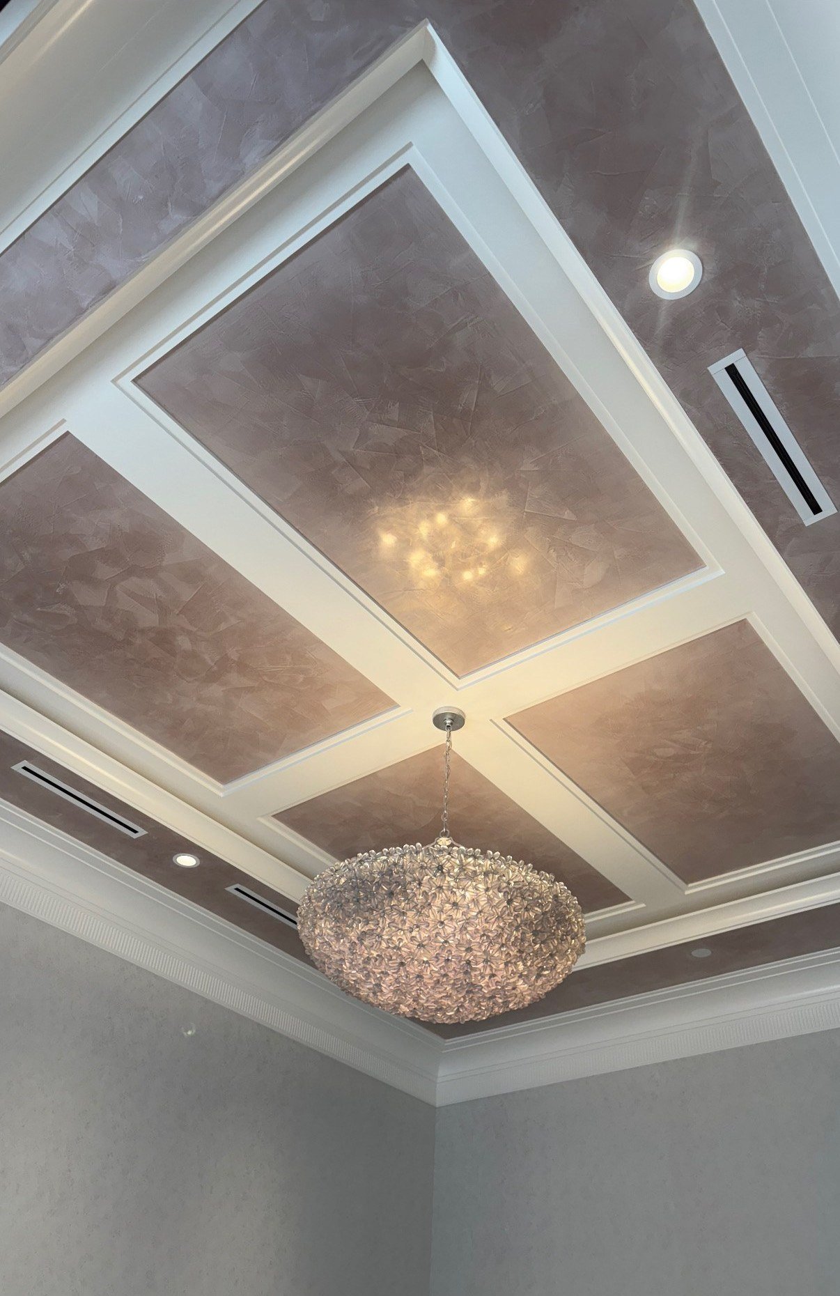 Coffered ceiling in blush metallic Venetian plaster by Kim Delaney, Delaney Fine Finishes