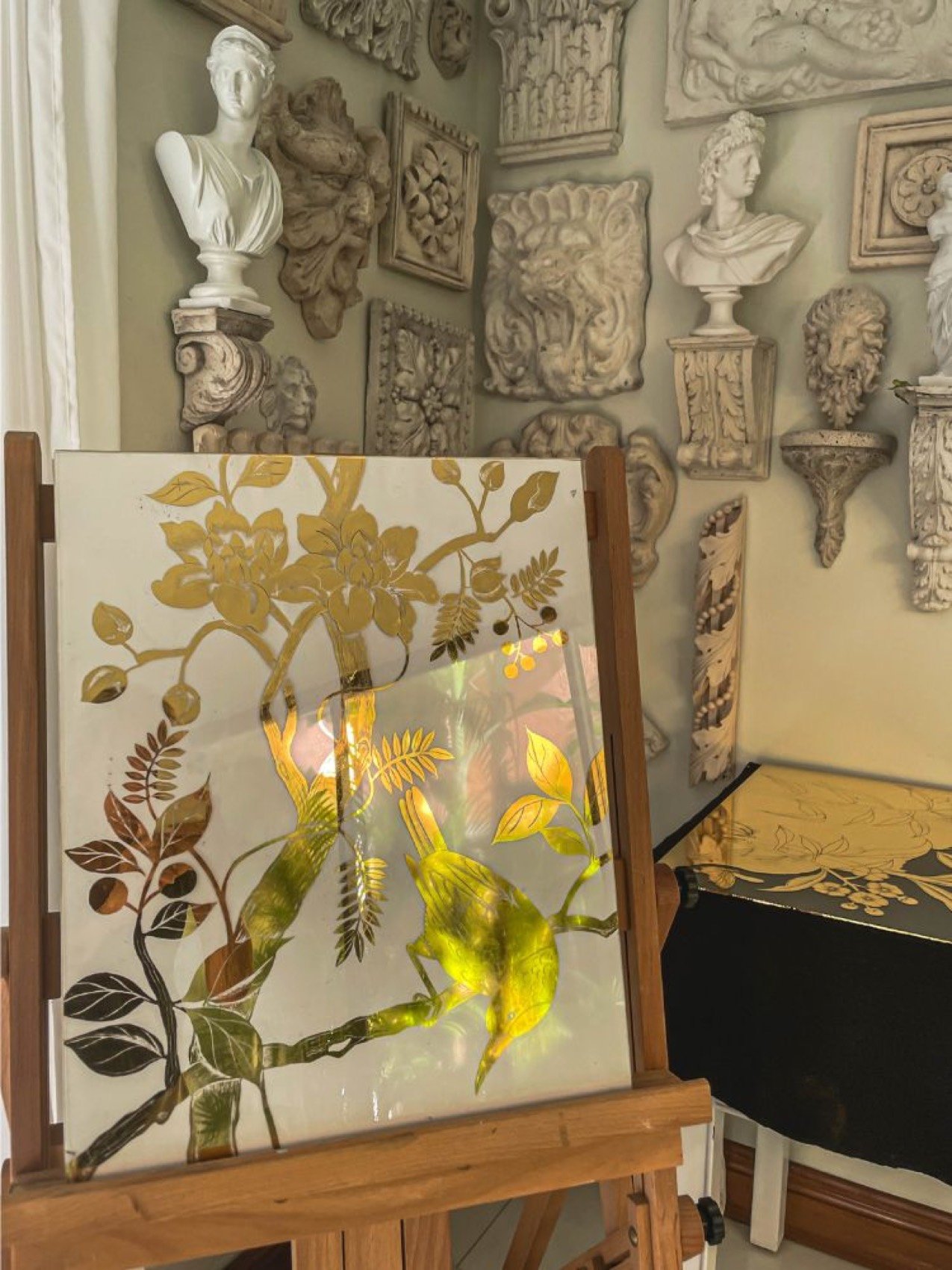 Verre Églomisé — reverse-gilded glass by Kim Delaney, Delaney Fine Finishes